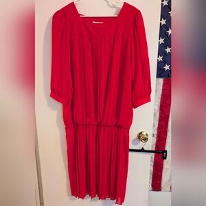 Red Long-Sleeve Pleated Midi Dress